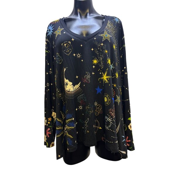 Johnny Was 2XL Black Multi Long Sleeve Celestial Print T-Shirt Blouse - Picture 1 of 7
